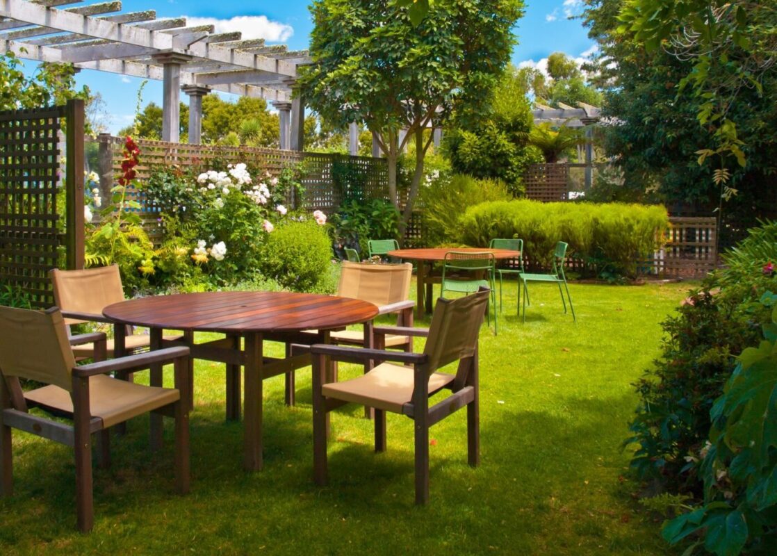 Dining Table set in Lush Landscaped Garden